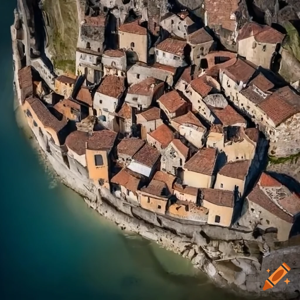 Top view of a medieval Mediterranean fishers' village