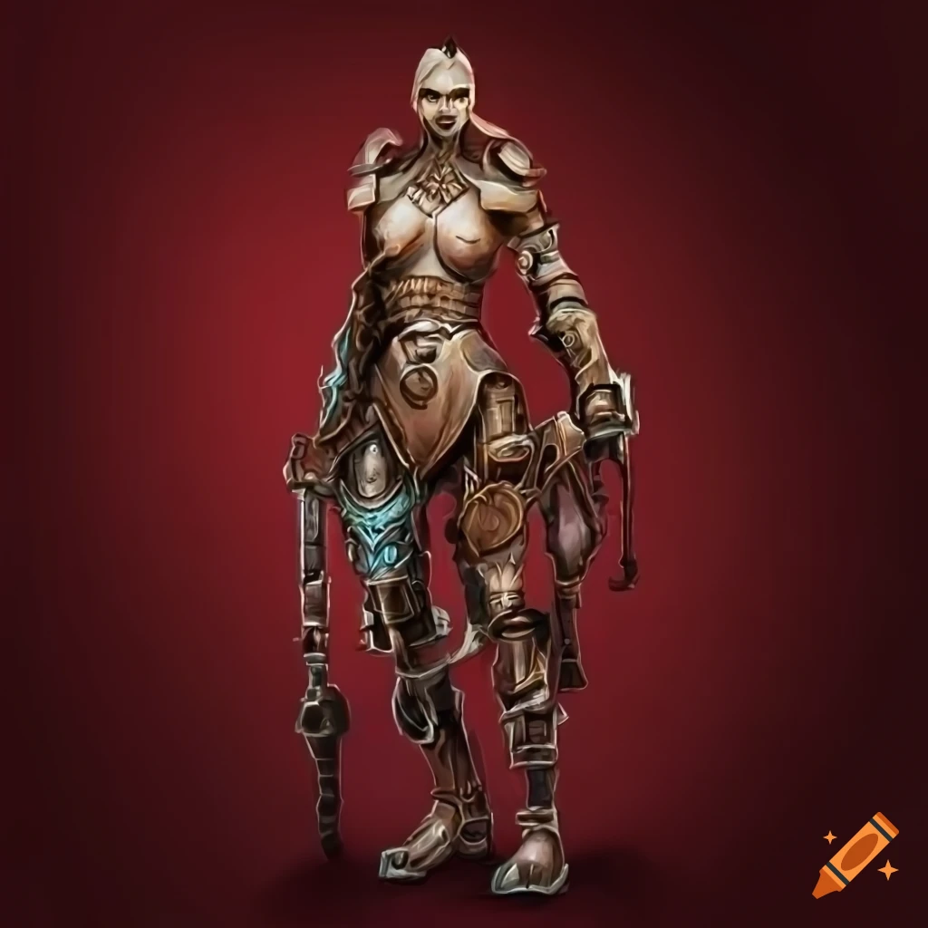 Mechanical prosthetic bronze arm on a crimson background in Pathfinder style