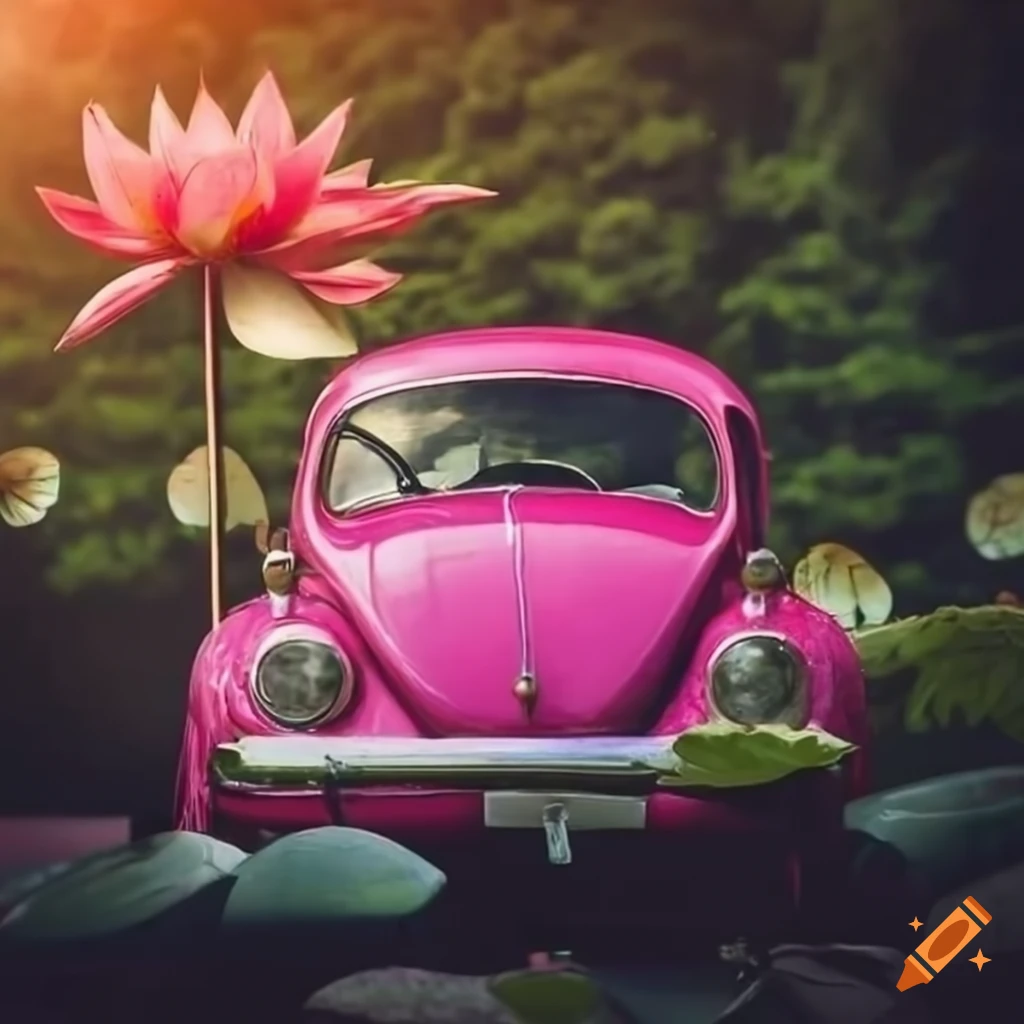 Vintage VW Bug parked on lotus flowers with a meditating Buddha figure
