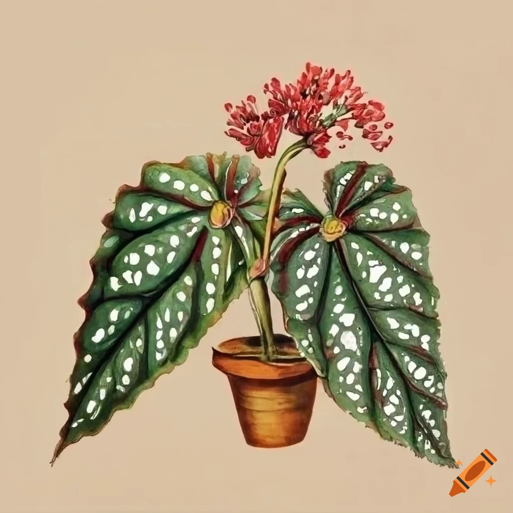 Vintage botanical illustration of Begonia Maculata plant flowers and leaves