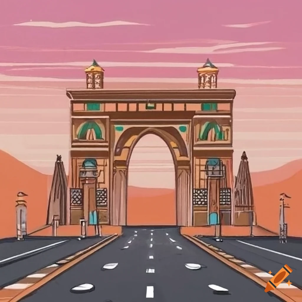 Pencil drawing of a decorative entrance gate and highway with Pharaonic symbols