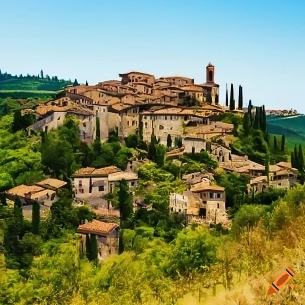 Tuscan town made of warm stones atop a hill