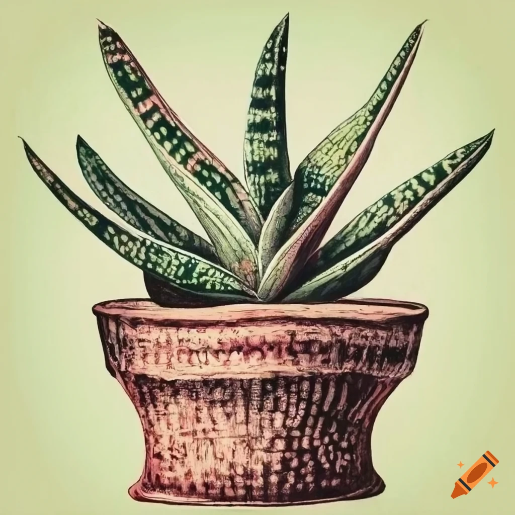 Vintage botanical drawing of Gasteria plant in a pot