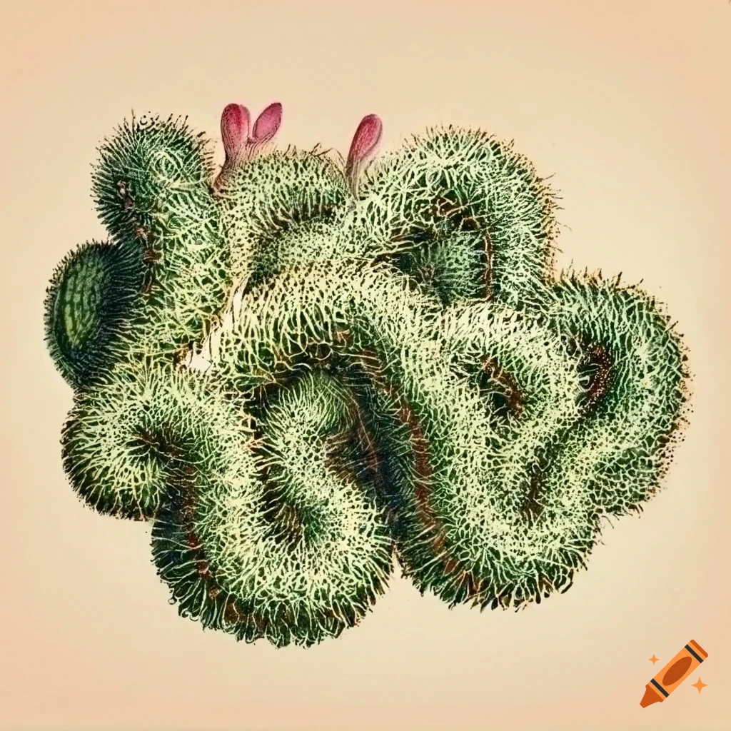 Vintage botanical illustration of Mammillaria elongata cristata plant