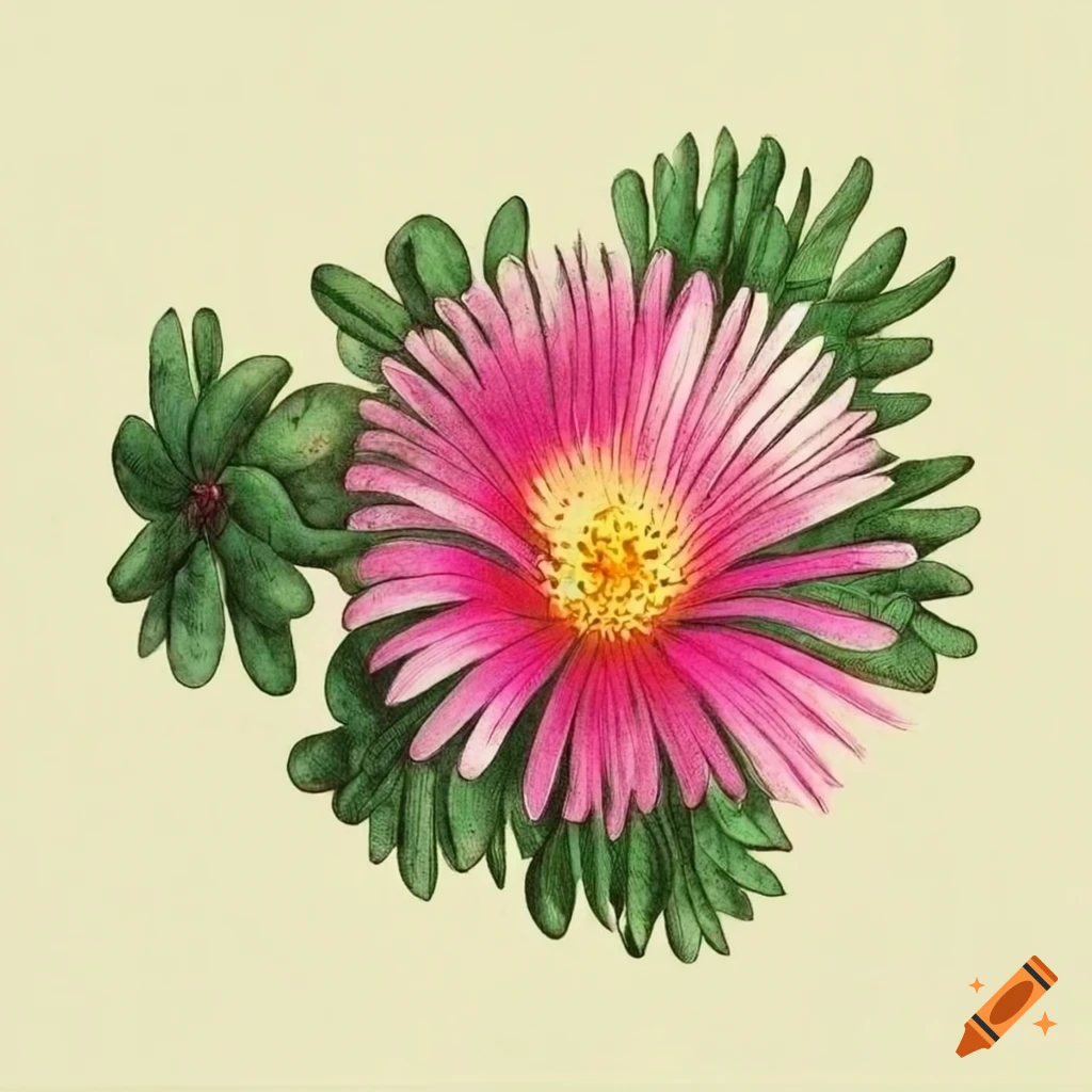 Detailed vintage botanical drawing of Ice Plant Delosperma
