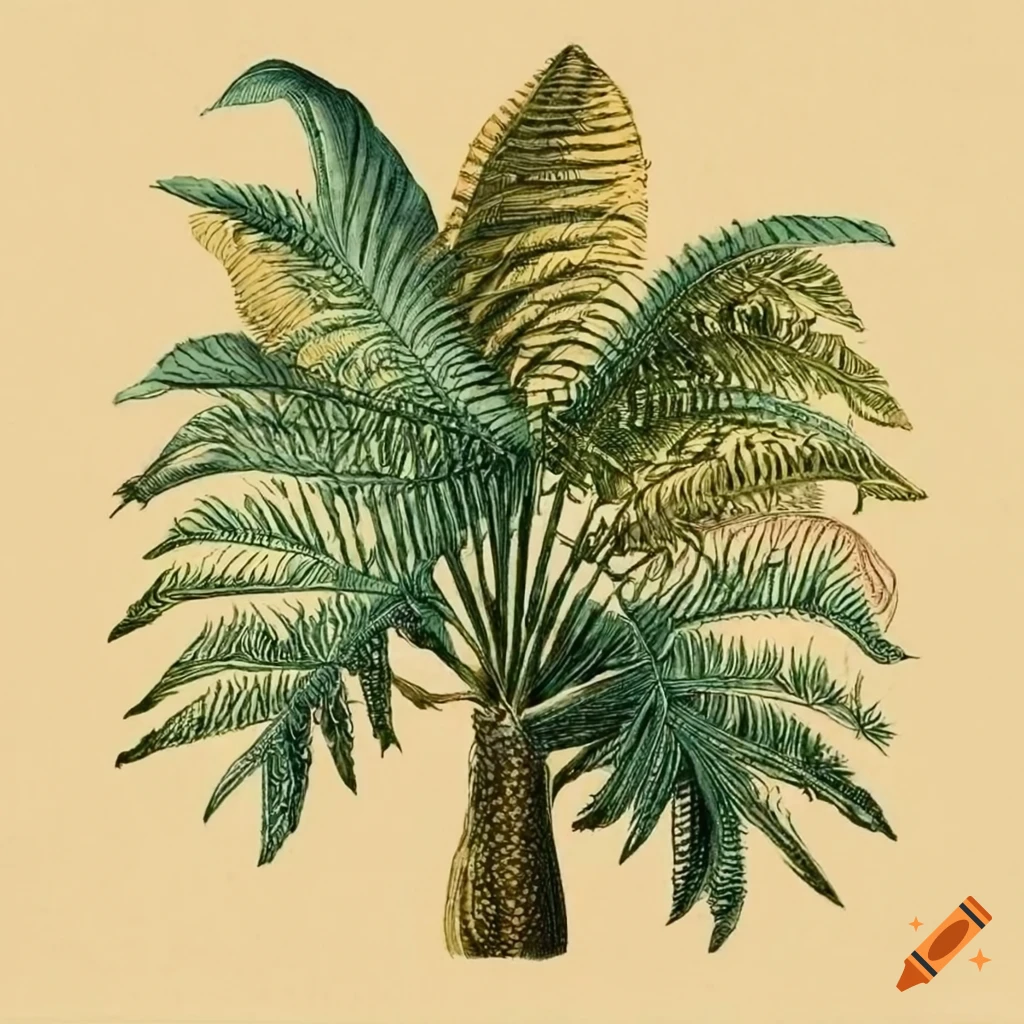 Intricate 18th century botanical drawing of caryota gigas palm plant