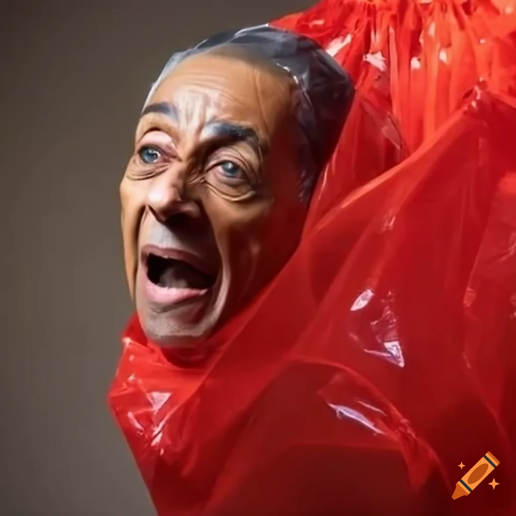 Gustavo Fring trapped in a red plastic bag with vivid colors