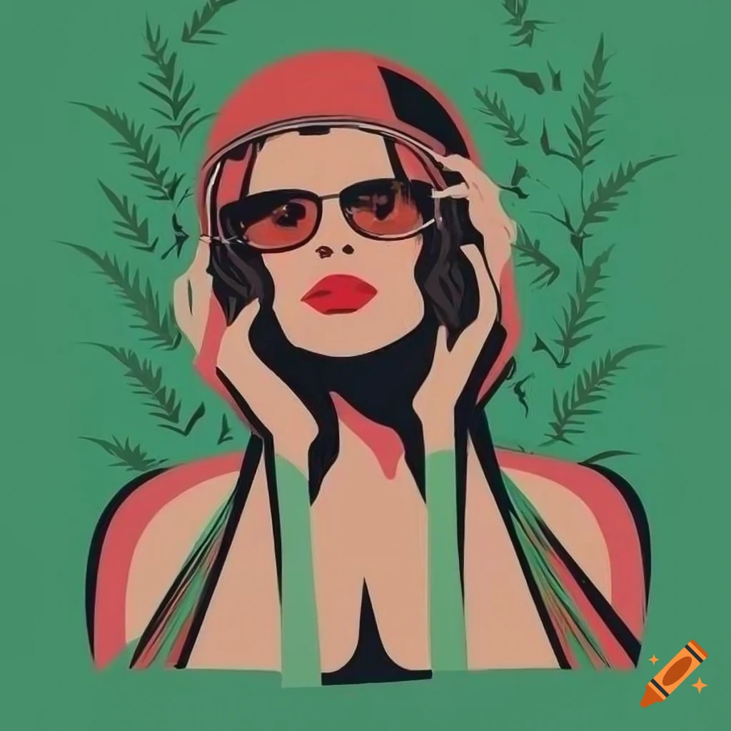Retro propaganda-style poster of a confident woman in a helmet and sunglasses in foliage