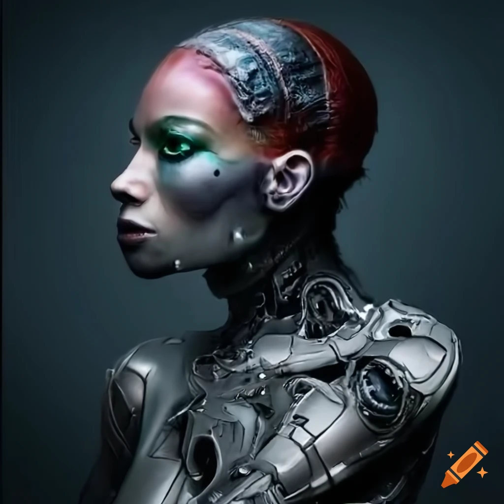 Biopunk Cyborg with extreme hyper realistic detail in a closeup full-body shot