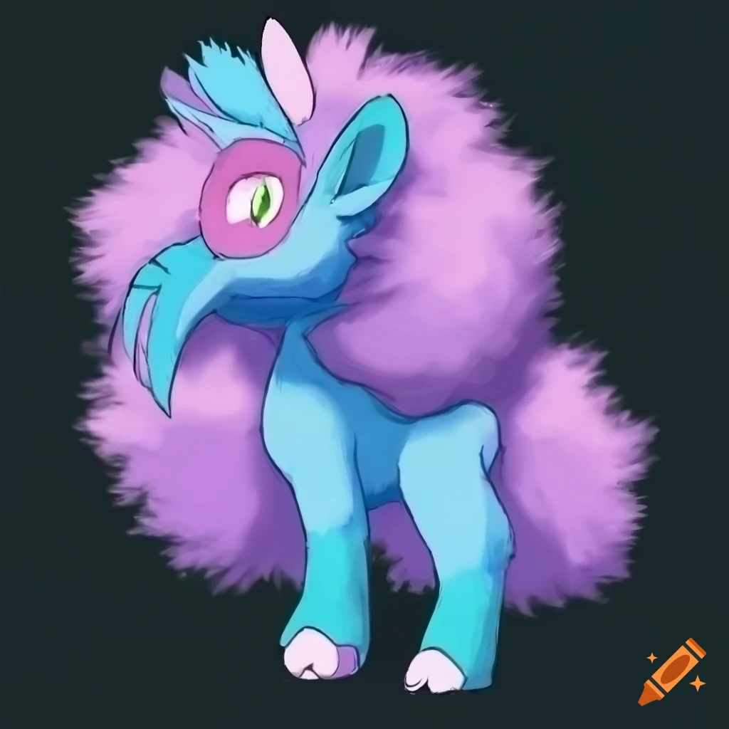 Cute fanmade bipedal Pokemon with big eyes, fluffy fur, and pastel blue/pink colors