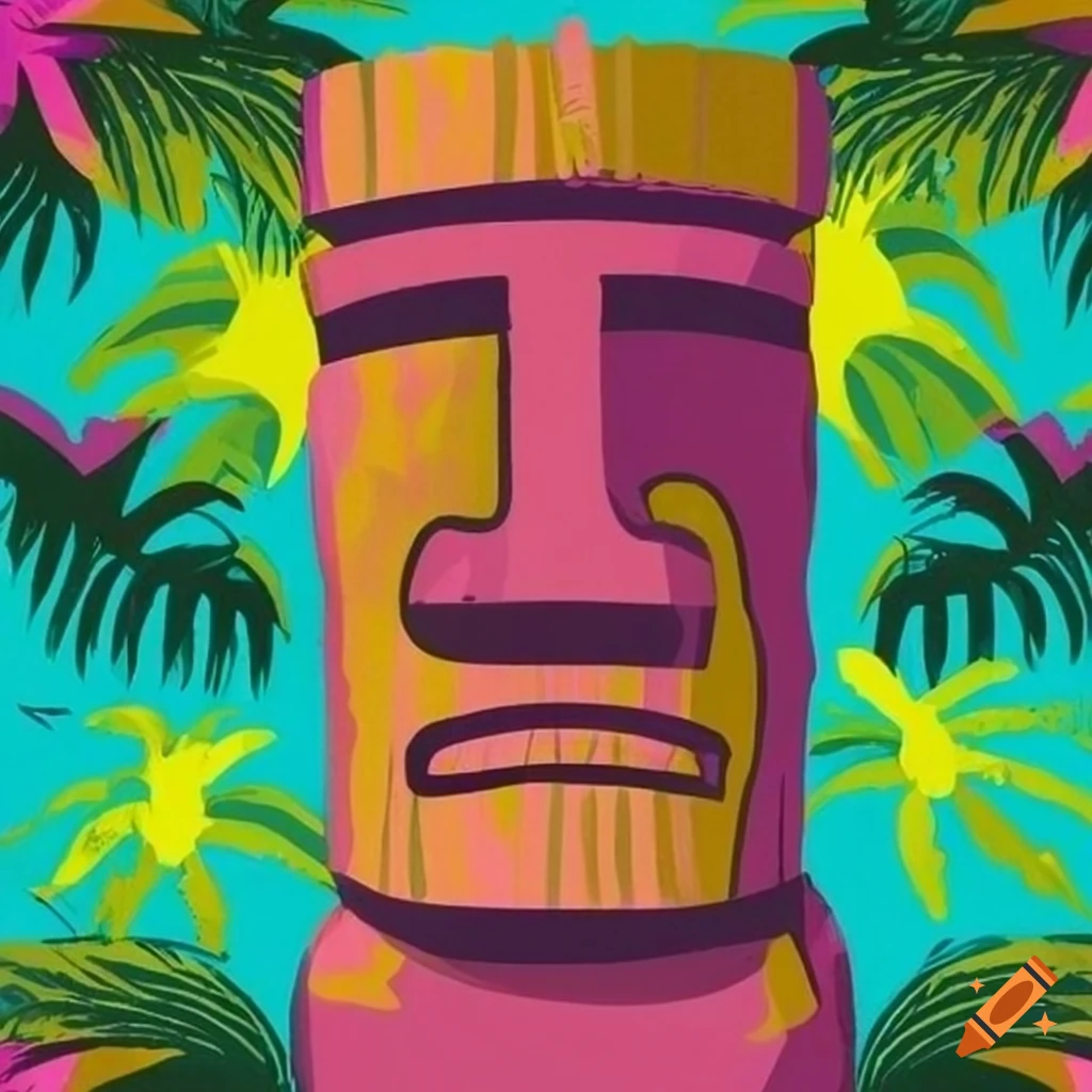 Tiki style canvas with palm tree pattern and colorful moai
