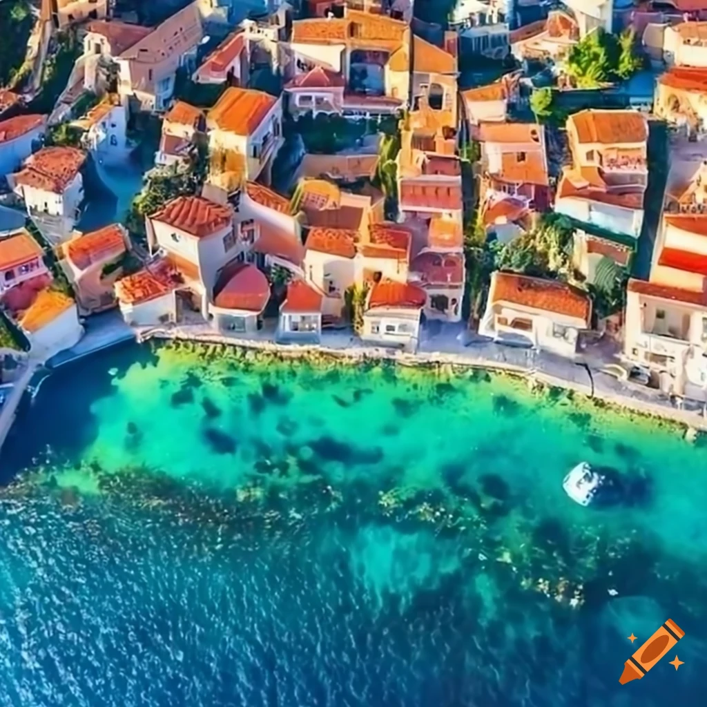 Aerial view of a village by the Mediterranean Sea