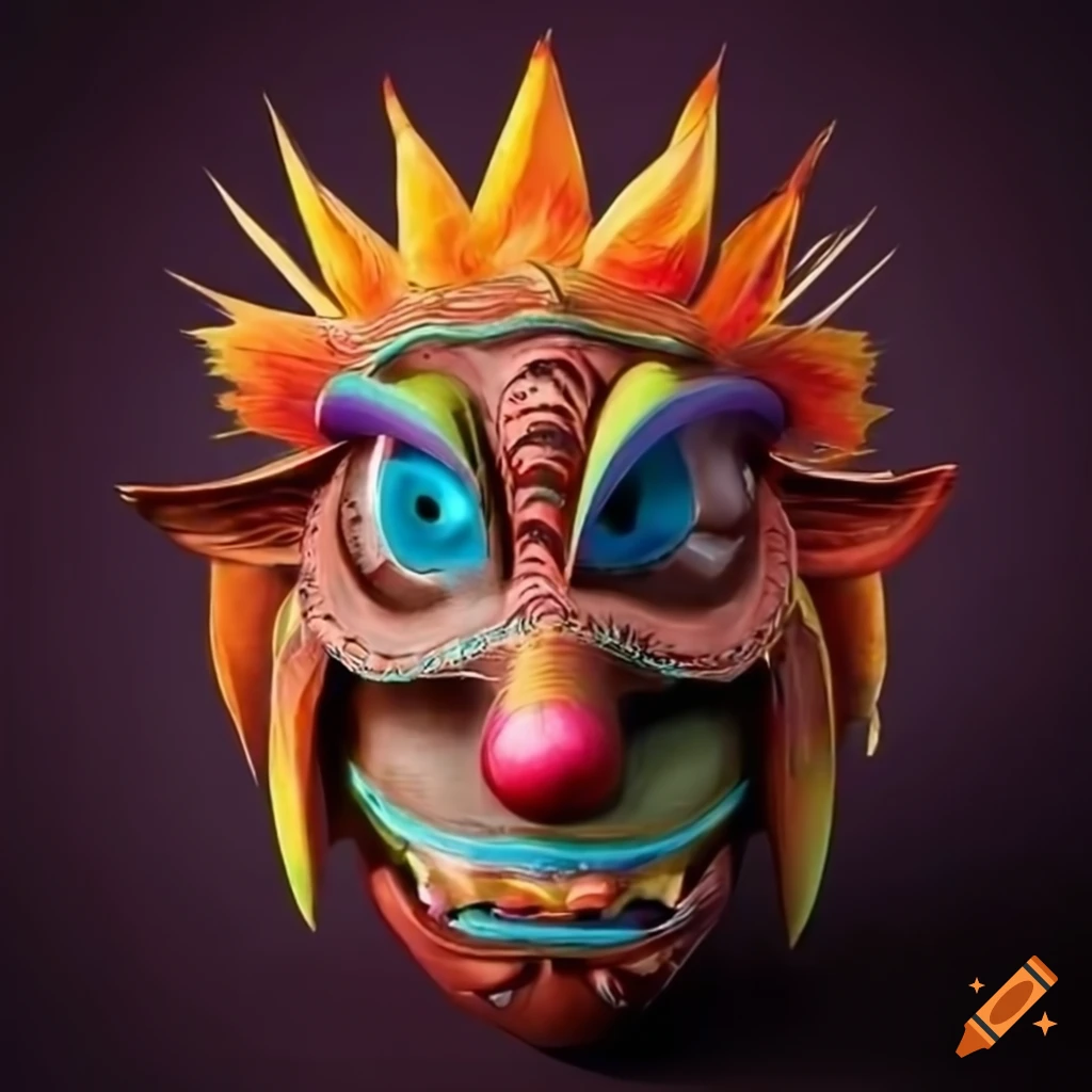 Sumarian wooden mask with feather crown in a contemporary Crash Bandicoot style