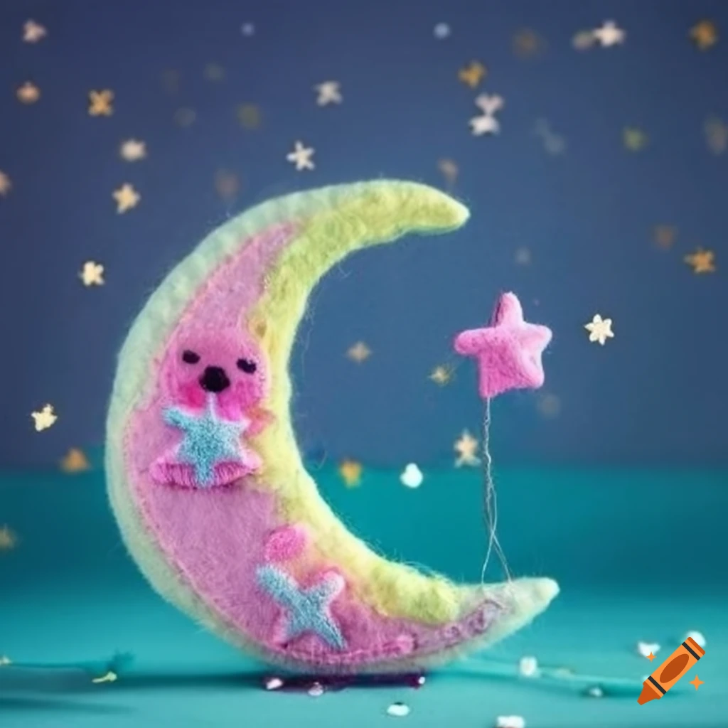 Night scene with cute kawaii stars and fabric moon in bright pastel colors