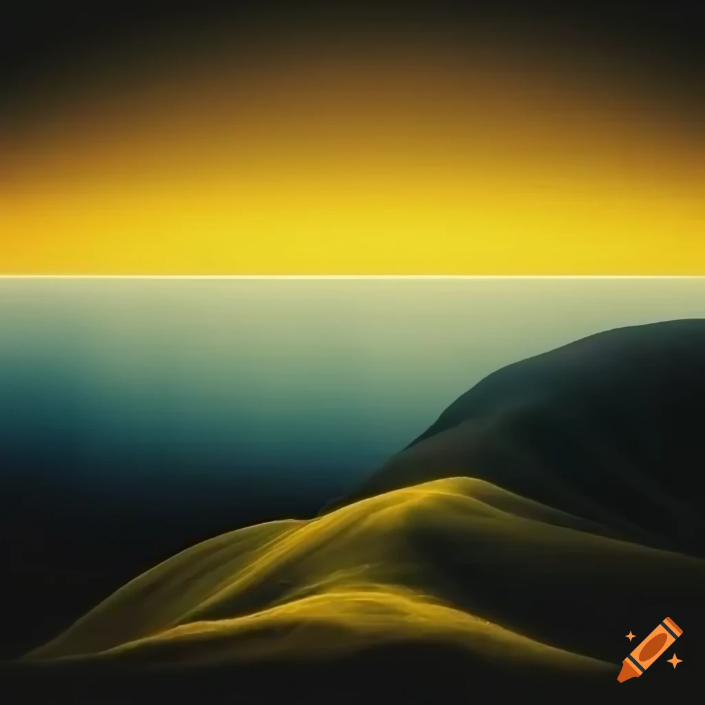 Human body-shaped landscape with yellow sun in Magritte style