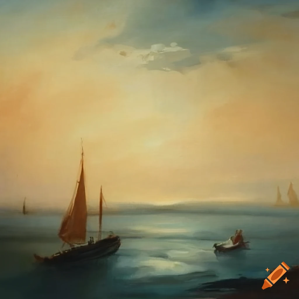 Marine painting in Turner style with small sailing boat