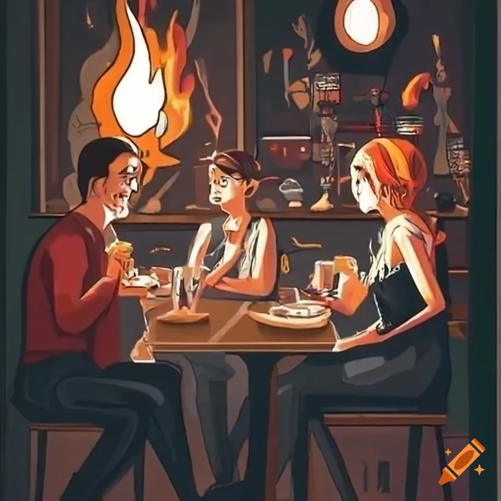 Night scene at a cafe with people gathering and fireplace