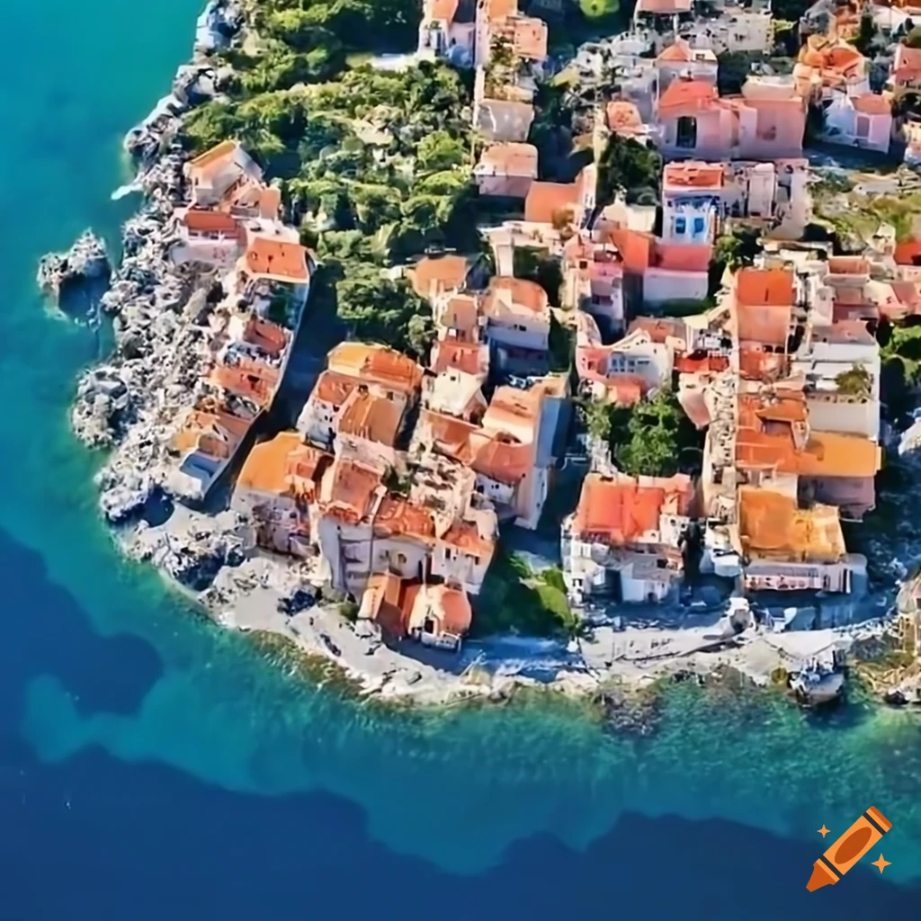 Aerial view of a village by the Mediterranean Sea