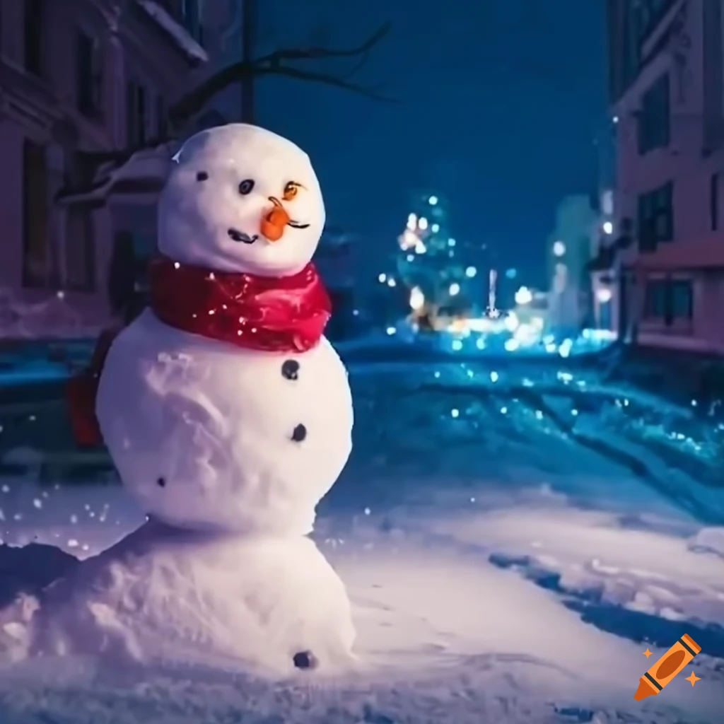 Snowing street with buildings, light decorations, and a cute snowman