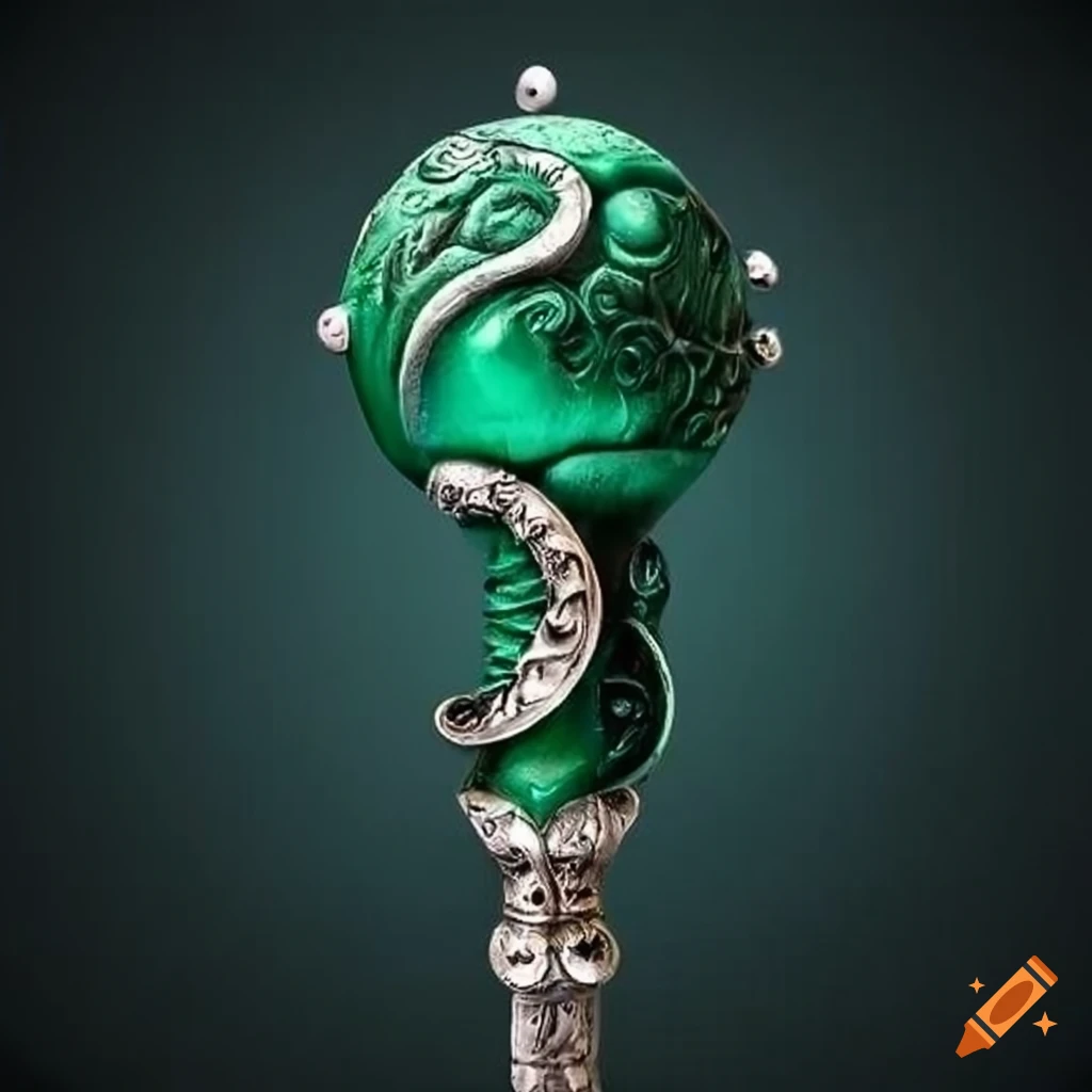 Green and silver moon-themed detailed mace