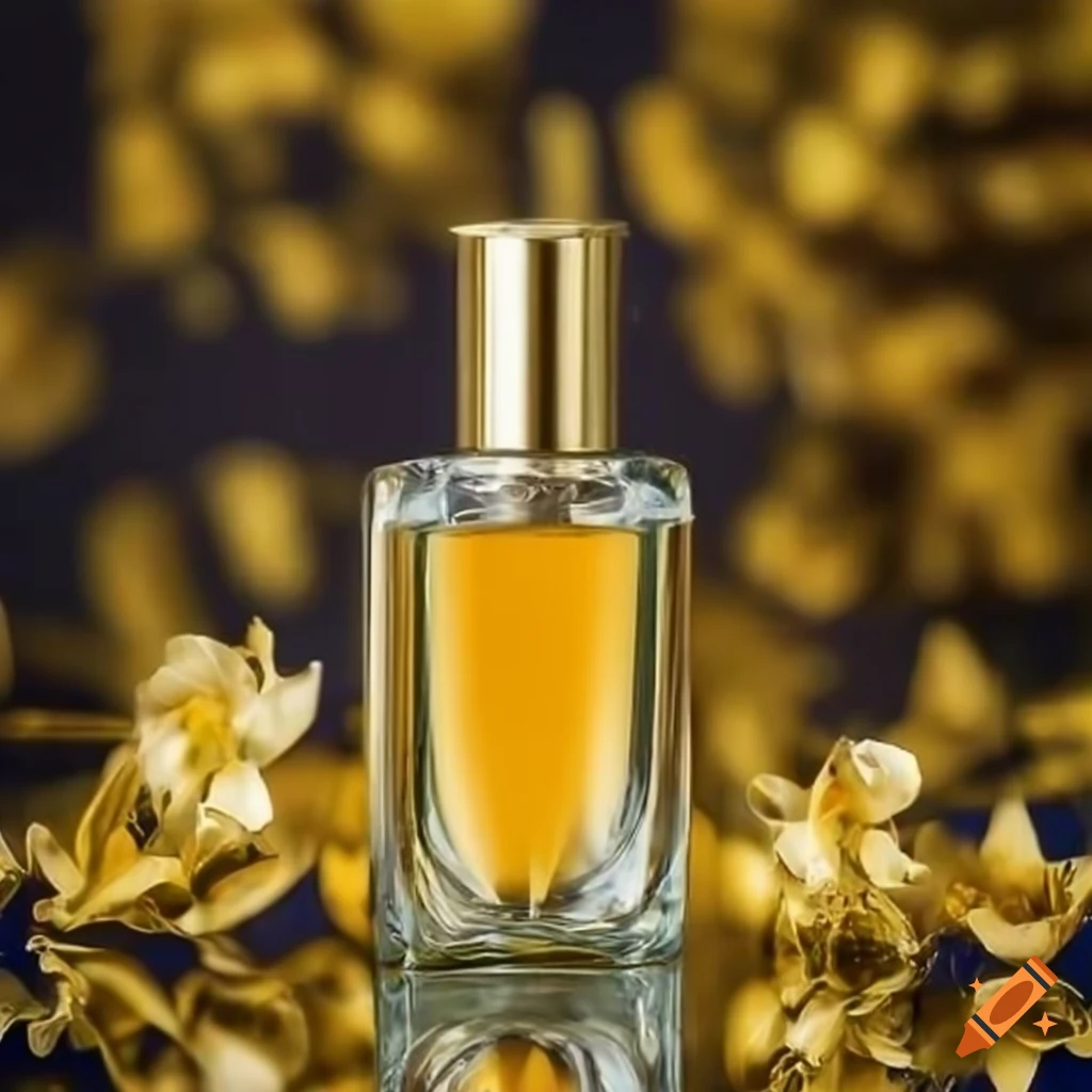 Perfume bottle with golden flowers reflected on glass surface