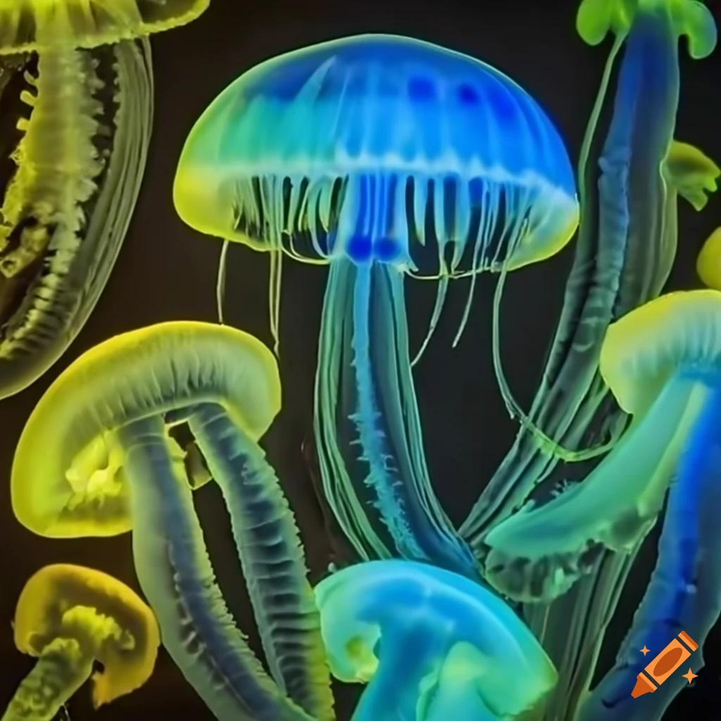 Luminous mushrooms resembling jellyfish