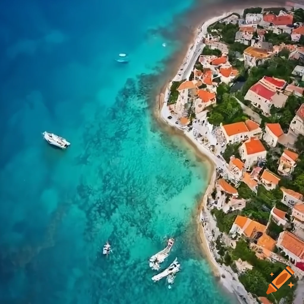 Aerial view of a village by the Mediterranean Sea