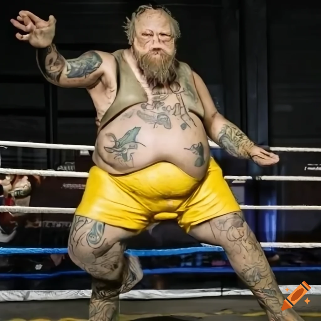 Two old dwarf wrestlers with tattoos fighting in a wrestling ring