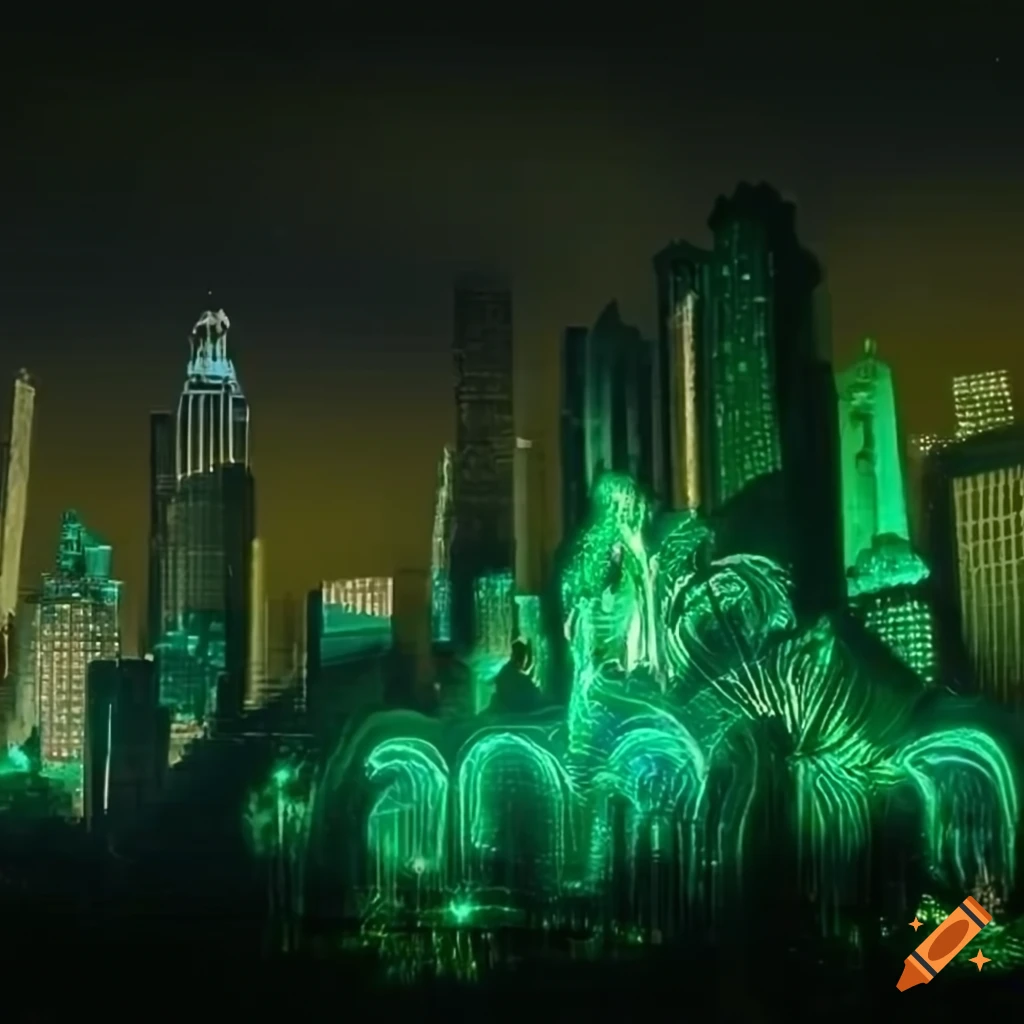 Glowing biopunk cityscape with plants, mushrooms, and mythical creature goddesses