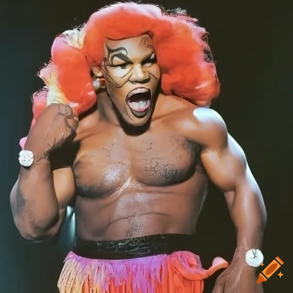 Mike Tyson in colorful dress and make-up performing as drag queen