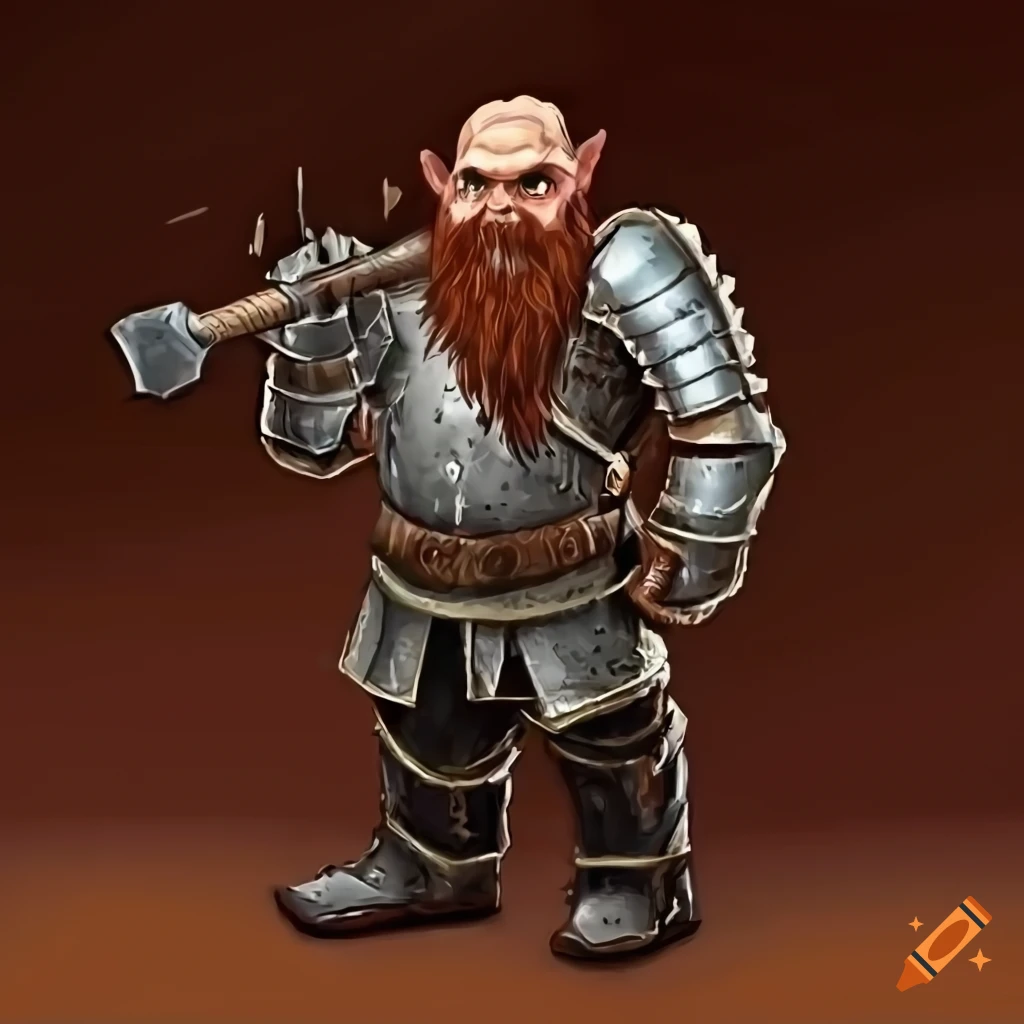 Dirty dwarf in dented armor holding a large battle hammer