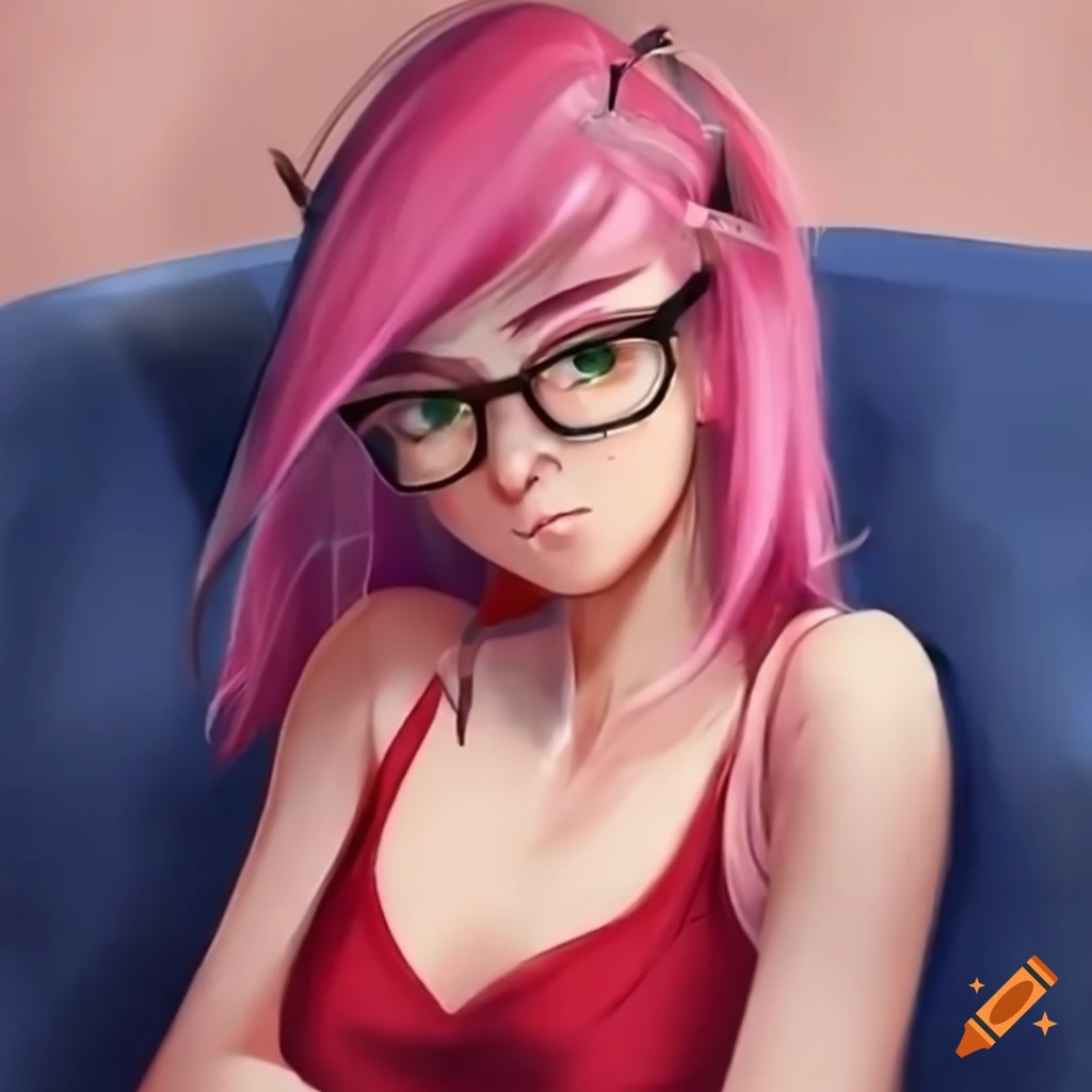 Amy Rose relaxing on a couch with glasses and a sleeveless shirt