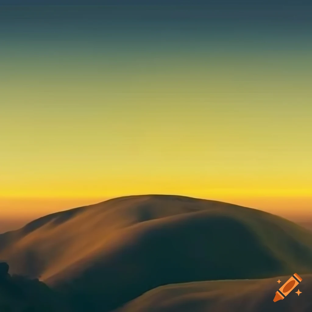 Human body shapes forming rolling hills with a yellow sun in Magritte style