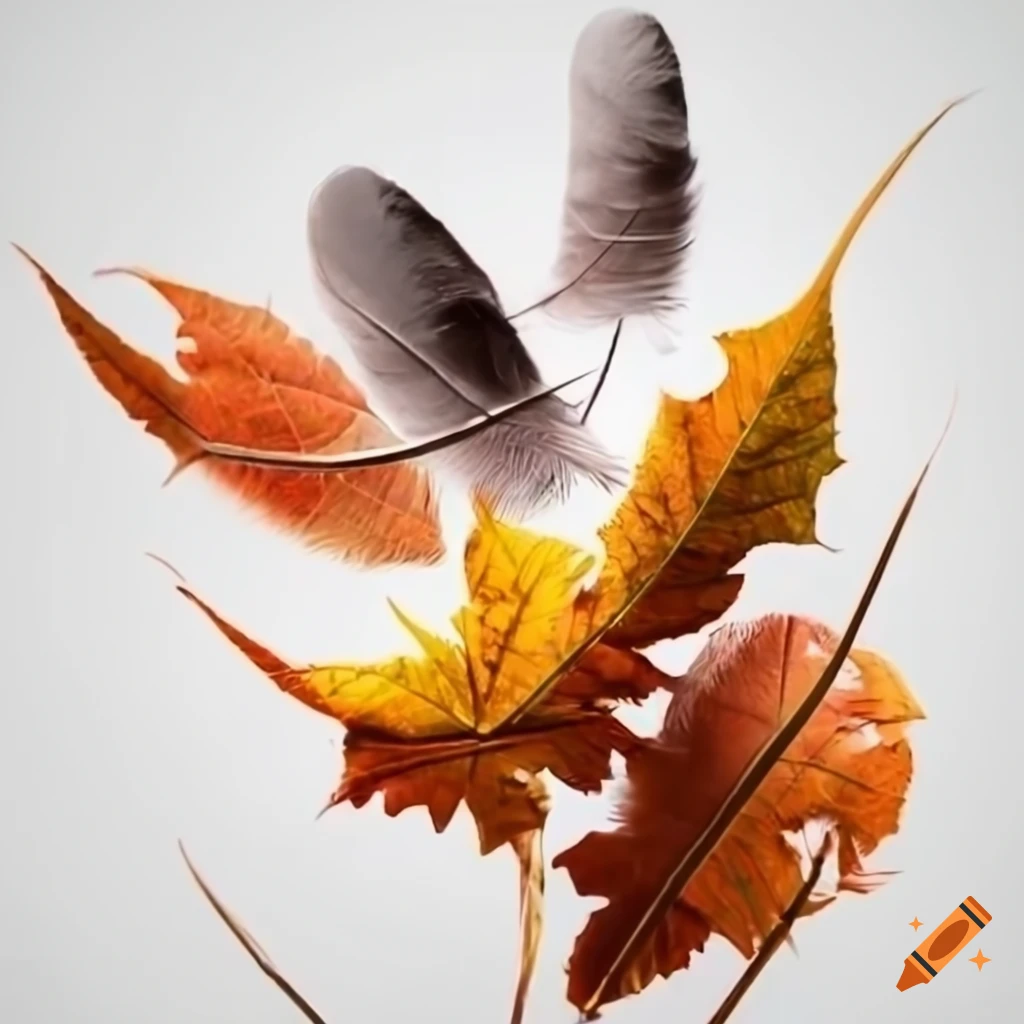 Trickling leaves and feathers on white background