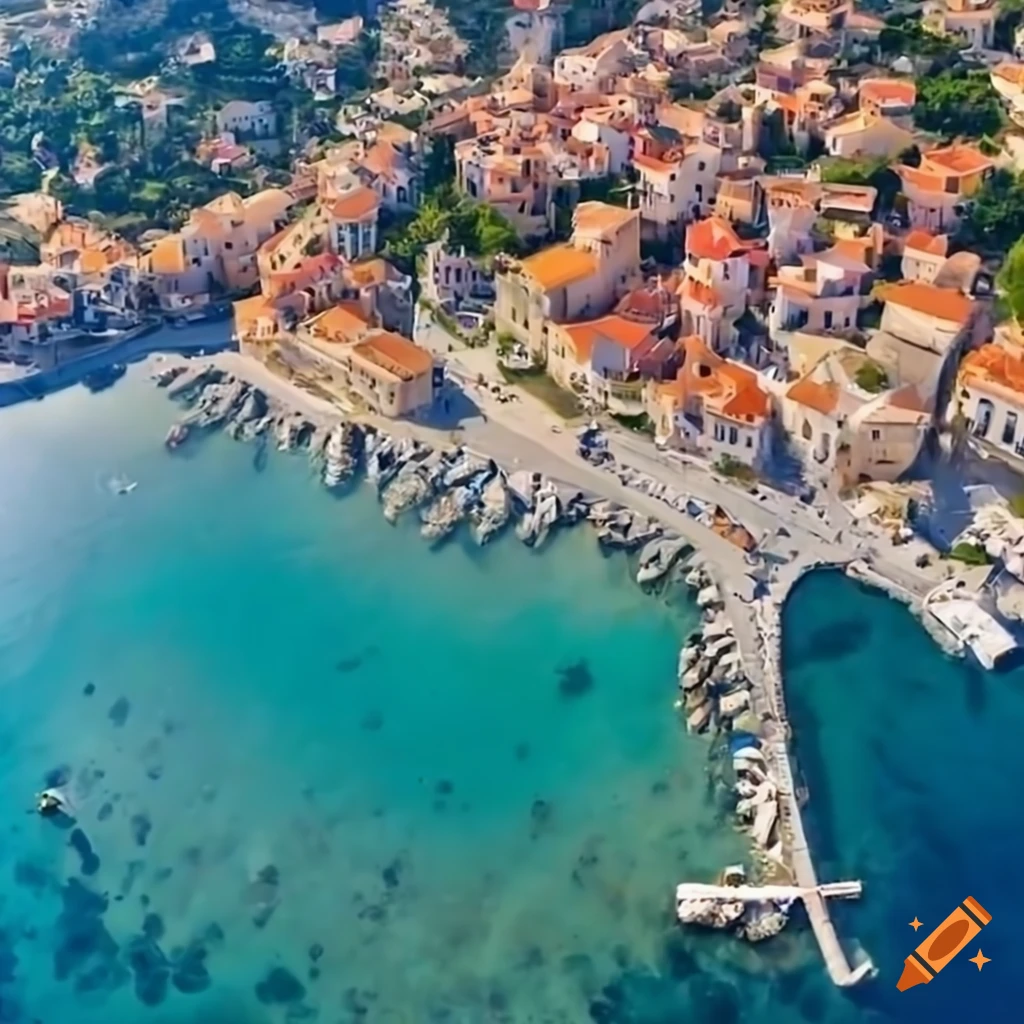 Aerial view of a village by the Mediterranean Sea