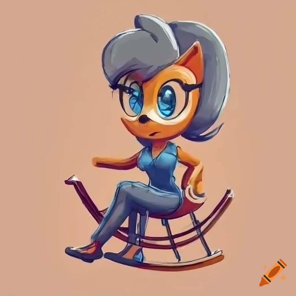 Sally Acorn sitting in a rocking chair with glasses and a collared shirt