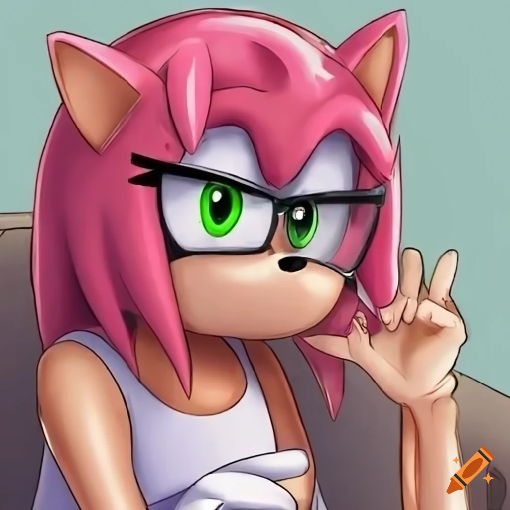 Amy Rose relaxing on a couch with glasses and a sleeveless shirt