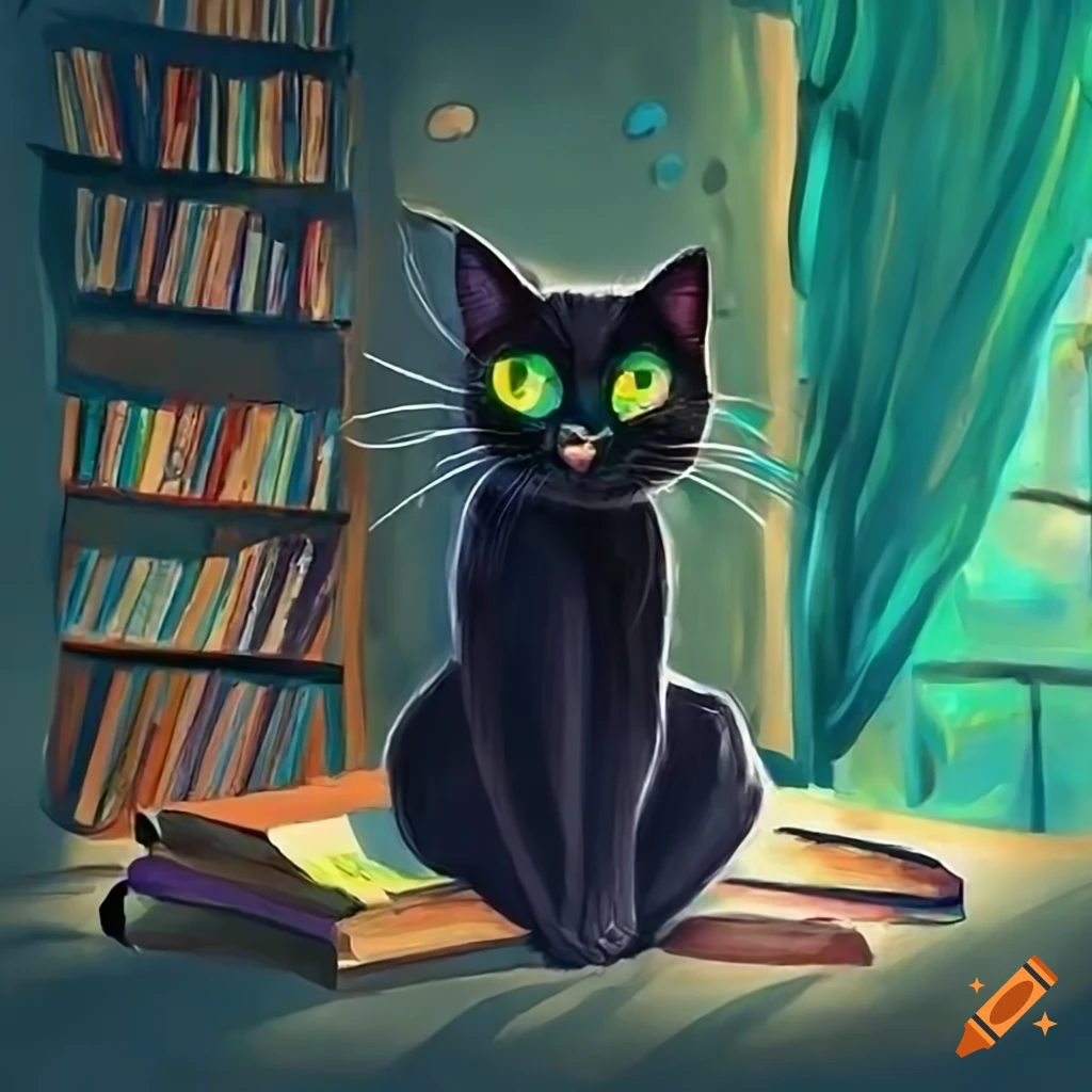 Sleek black cat with green eyes on a stack of books in a bookstore