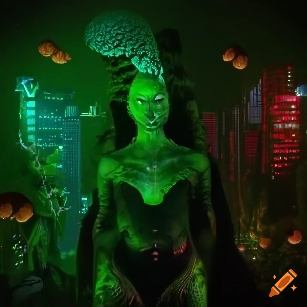 Glowing biopunk cityscape with green moss, plants, and mutated cyborg creature goddesses