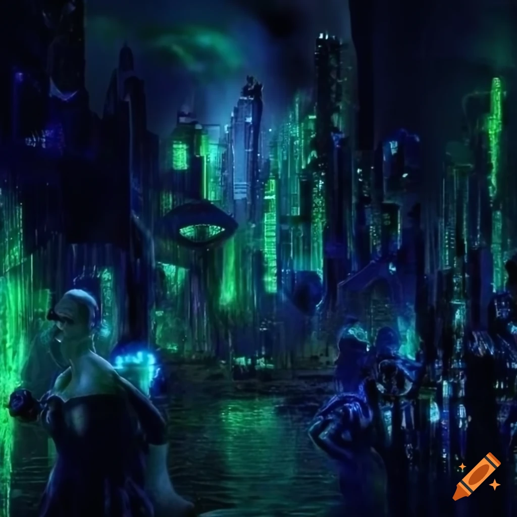 Glowing biopunk cityscape with plants, mushrooms, crystals, and Mythical Creature goddesses