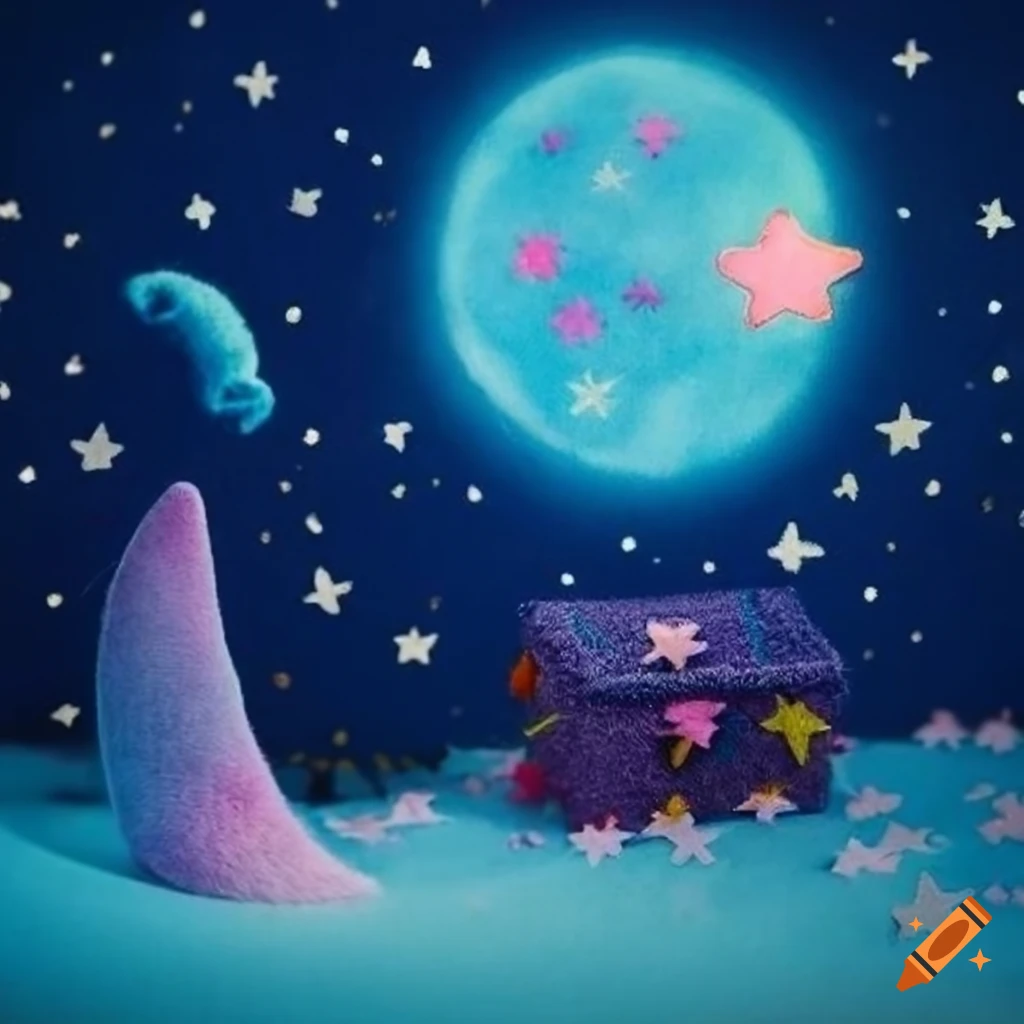 Night scene with cute kawaii stars and fabric moon in bright pastel colors