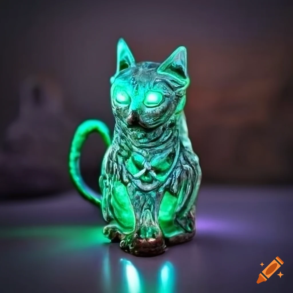 Glowing green kryptonite crystal cat in a natural cave on Craiyon