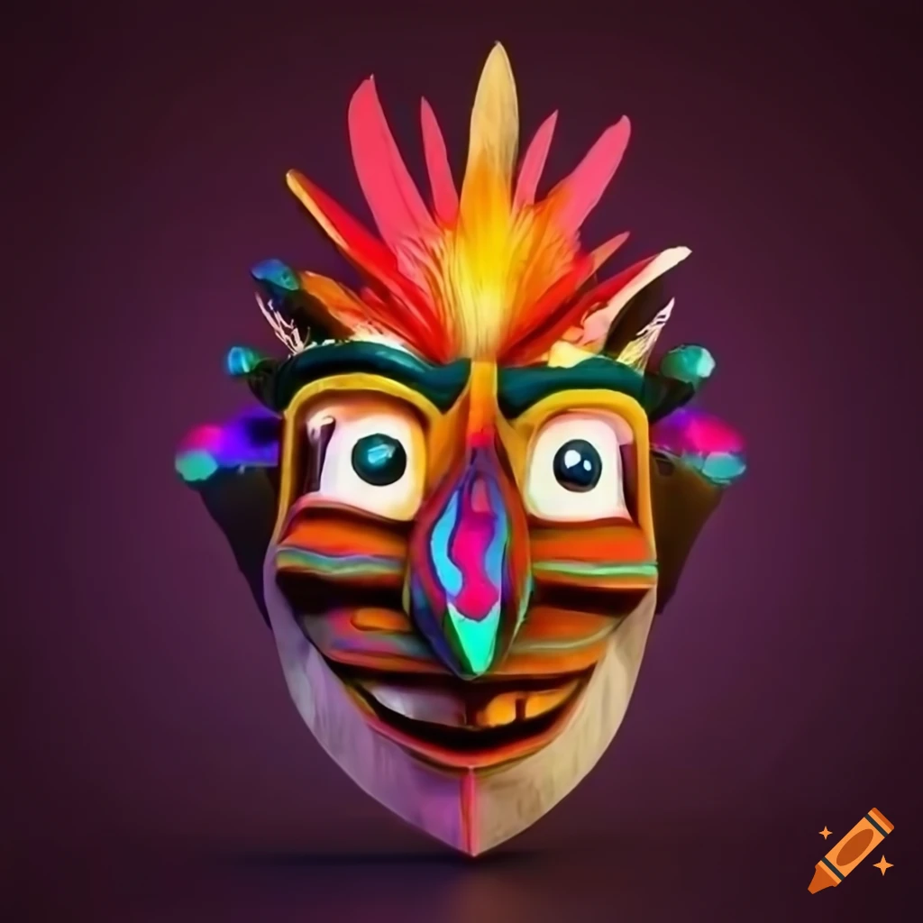 Vibrant Sumarian wooden mask with feather crown in contemporary representation