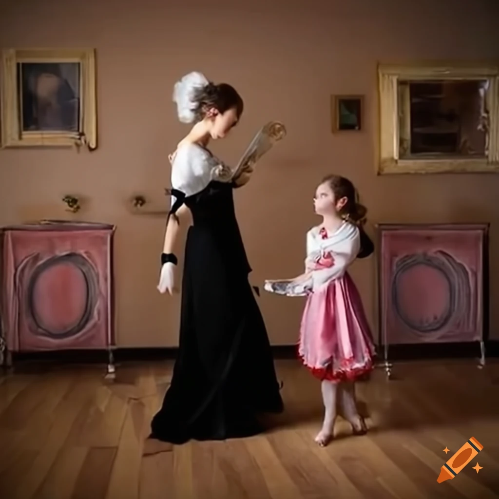 Mother and daughters sword fighting in a majestic room on a hot summer day