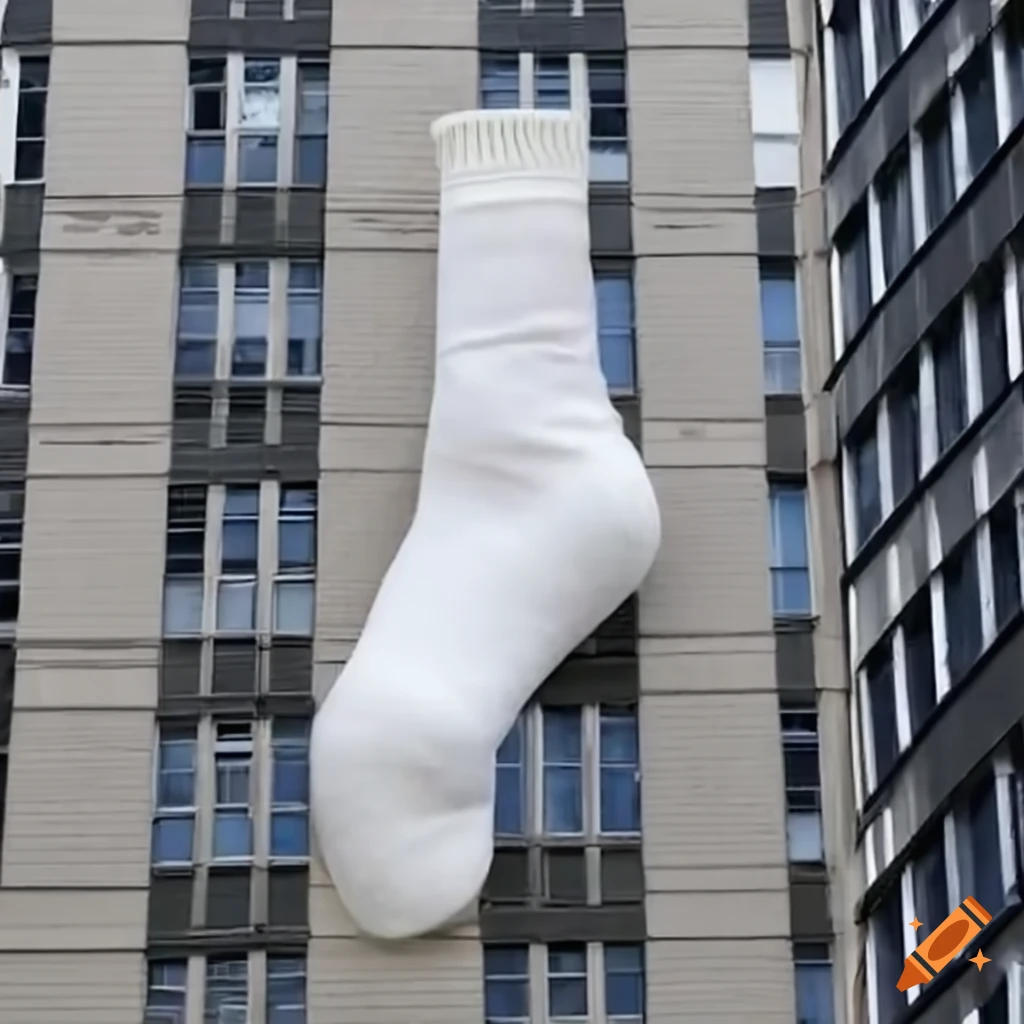 Giant white sock covering a tall building