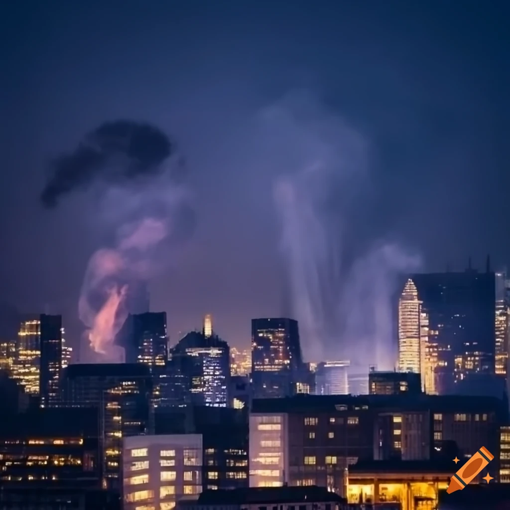 City skyline at dusk with smoke rising from buildings