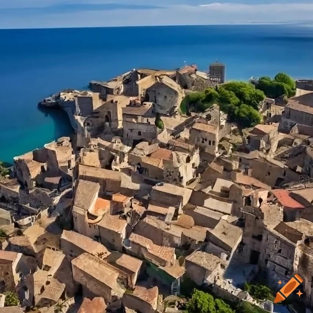 Top view of a medieval Mediterranean fishers' village