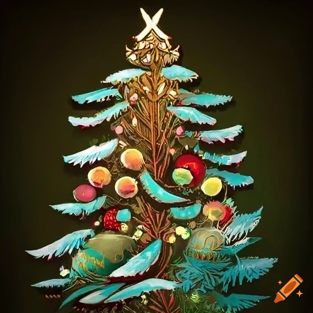 Intricate christmas tree made of feathers in a festive forest scene