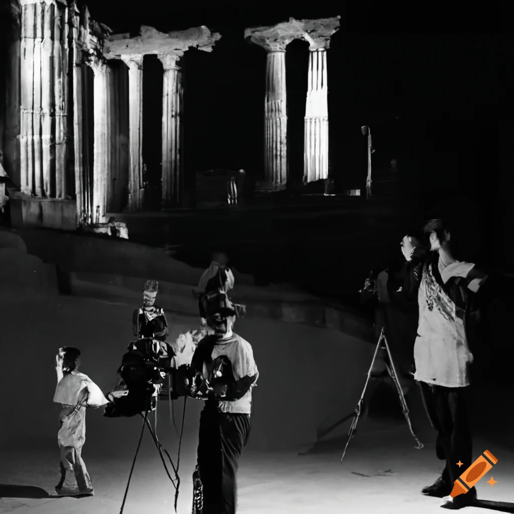 Film crew with cameras scouting around Acropolis location