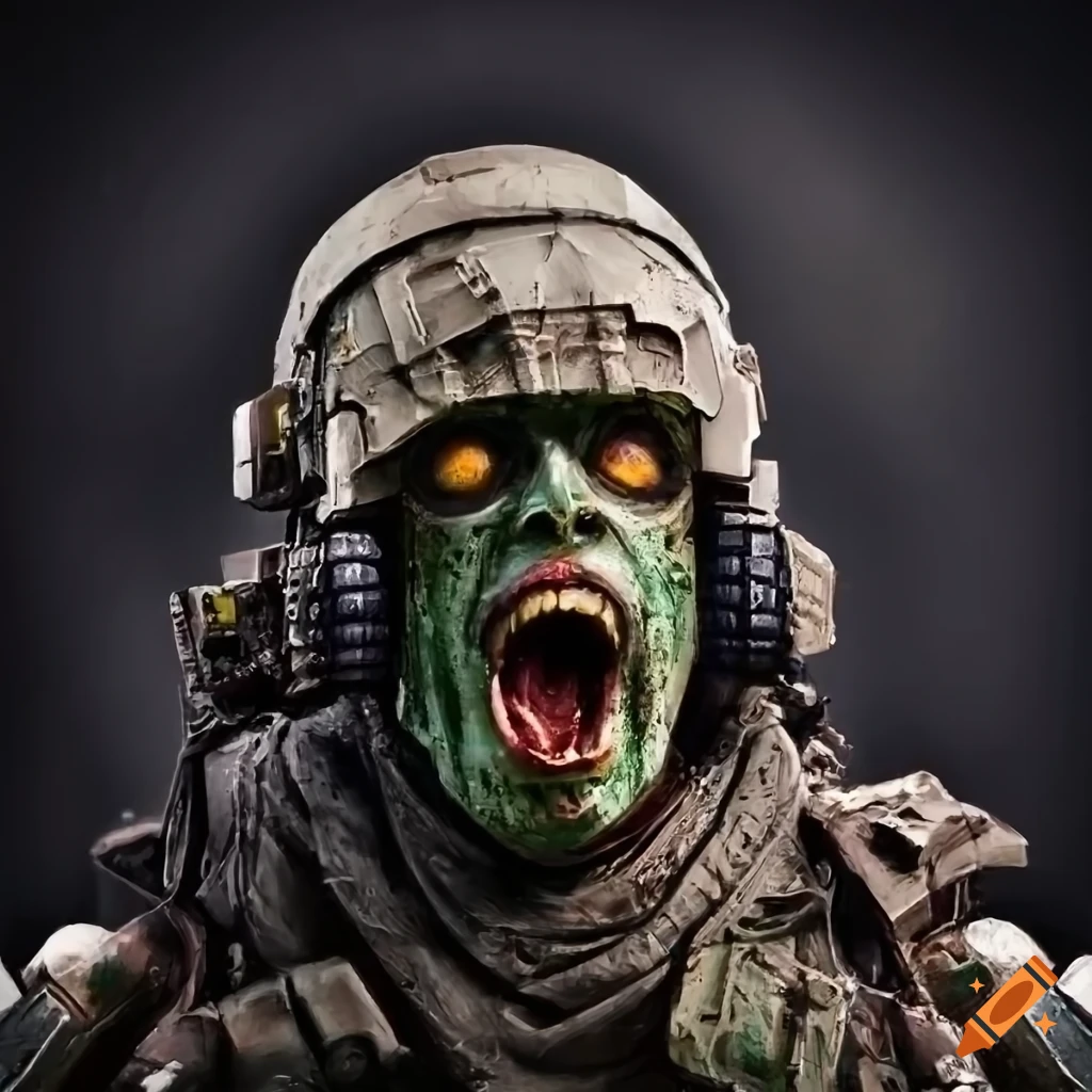 Detailed cyger mecha-zombie soldier shouting in close-up